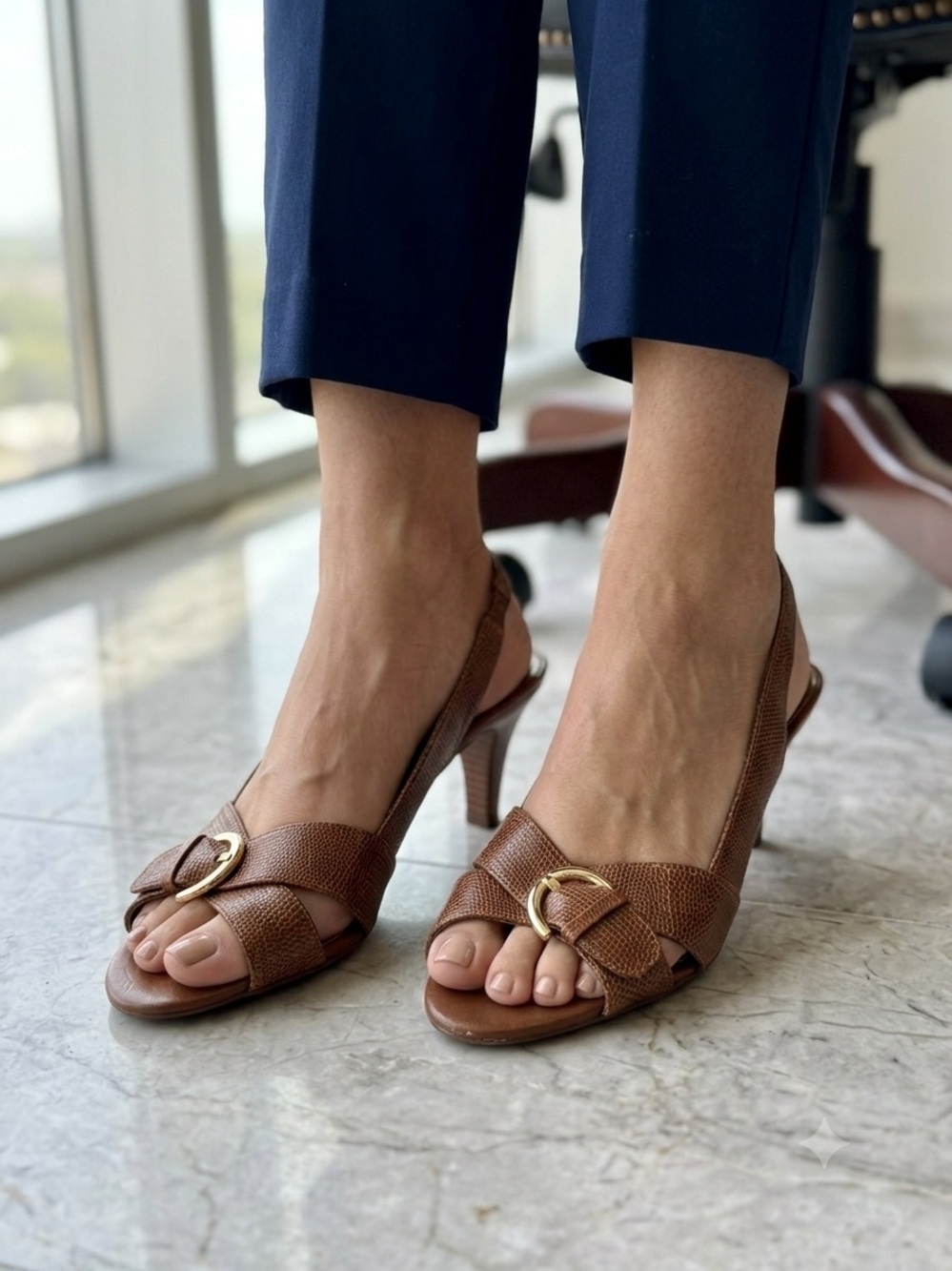 Naturalizer Paladino Brown Reptile Textured Slingback Peep Toe Kitten Heels 7.5W